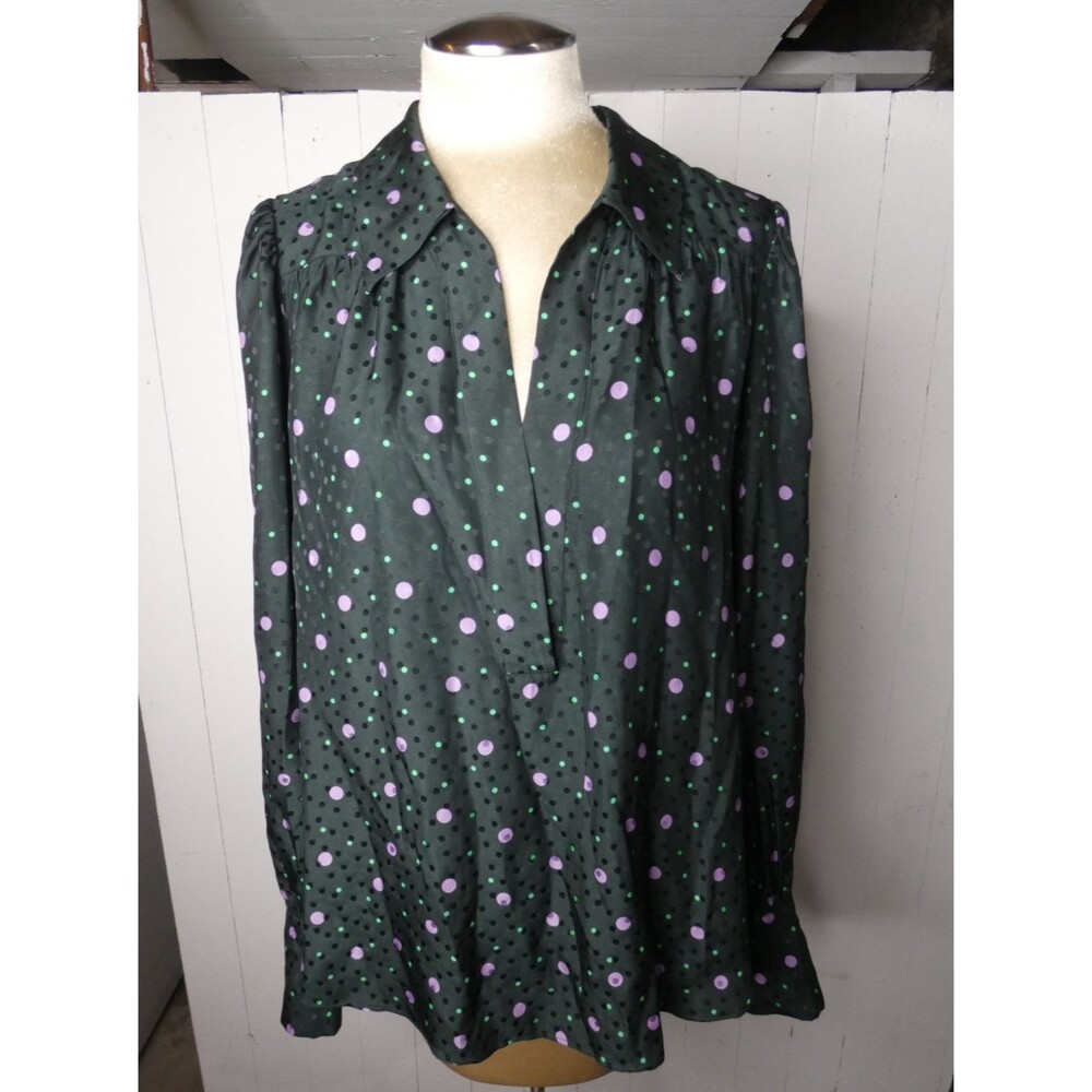Kate Spade Women's XL Pop Dots Pine Forest Popover Blouse Top Silk Blend Green